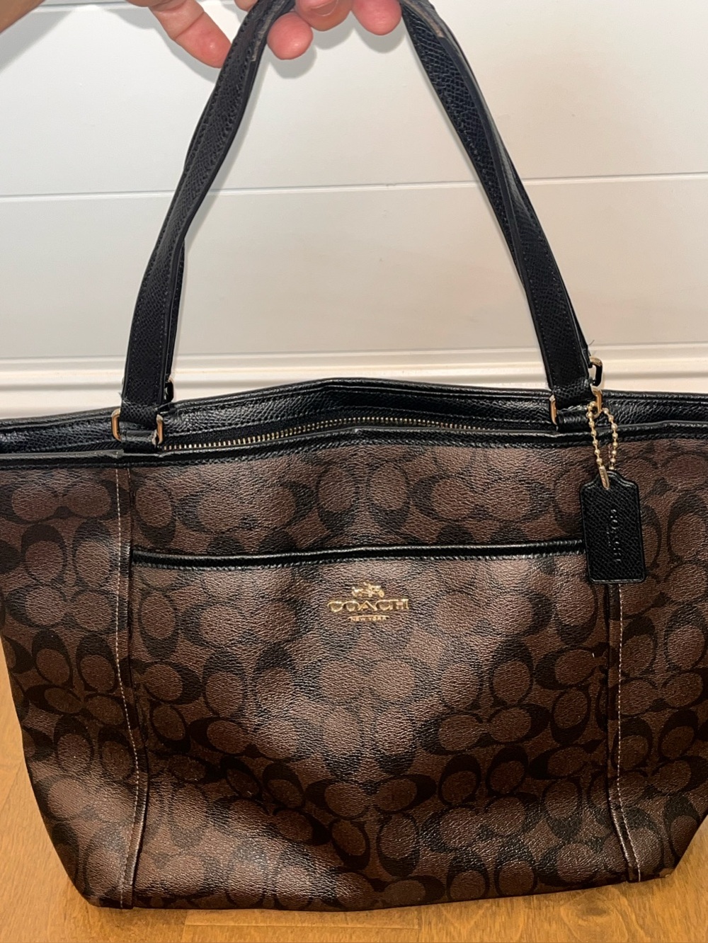 Coach: Signature Logo Brown & Black Tote Bag Zip Closure & Shoulder Strap